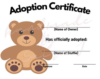 Teddy Bear Printable Stuffed Animal Adoption Certificate Downloadable Plushie Lovey Lovies Stuffie Plush Crochet Sewing Knitting Toy Gift