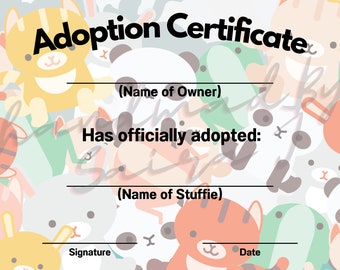 Stuffy Printable Stuffed Animal Adoption Certificate Downloadable Plushie Stuffie Plush Crochet Sewing Knitting Build A Bear Inspired