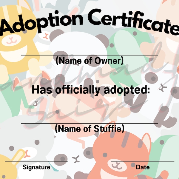 Stuffy Printable Stuffed Animal Adoption Certificate Downloadable Plushie Stuffie Plush Crochet Sewing Knitting Build A Bear Inspired