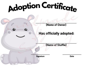 Hippopotamus Printable Stuffed Animal Adoption Certificate Downloadable Plushie Lovey Lovies Stuffie Plush Crochet Sewing Knitting Toy Gift