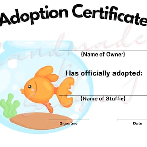 Certificat d'adoption d'animal en peluche imprimable poisson Peluche téléchargeable Lovey Lovies Stuffie peluche au Crochet couture à tricoter jouet en papier