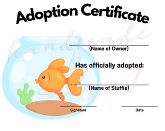 Fish Printable Stuffed Animal Adoption Certificate Downloadable Plushie Lovey Lovies Stuffie Plush Crochet Sewing Knitting Toy Paper Gift