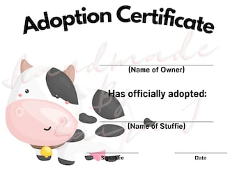 Cow Printable Stuffed Animal Adoption Certificate Downloadable Plushie Lovey Lovies Stuffie Plush Crochet Sewing Knitting Toy Gift