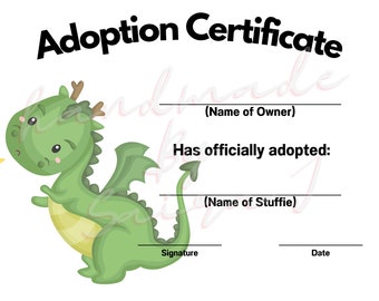 Dragon Printable Stuffed Animal Adoption Certificate Downloadable Plushie Lovey Lovies Stuffie Plush Crochet Sewing Knitting Toy Gift