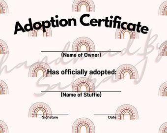 Boho Rainbow Stofftier Adoptionsurkunde (druckbare PDF)