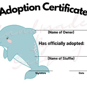 Golfinho para impressão certificado de adoção de animais de pelúcia para download plushie lovey lovies stuffie pelúcia crochê costura tricô brinquedo presente