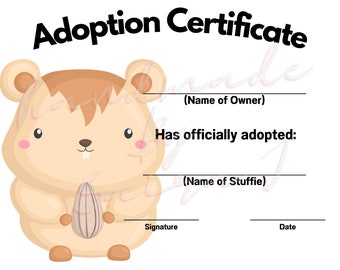 Hamster Printable Stuffed Animal Adoption Certificate Downloadable Plushie Lovey Lovies Stuffie Plush Crochet Sewing Knitting Toy Gift