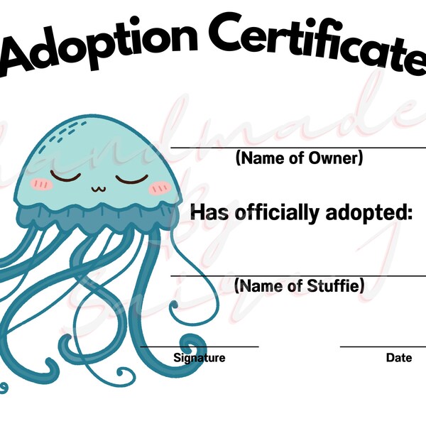 Jellyfish Printable Stuffed Animal Adoption Certificate Downloadable Plushie Lovey Lovies Stuffie Plush Crochet Sewing Knitting Toy Gift