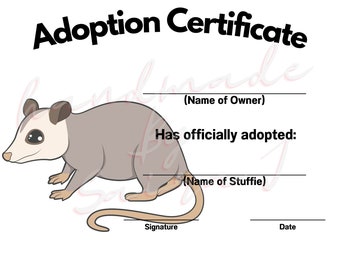 Opossum Stofftier Adoptionsurkunde (druckbare PDF-Datei)