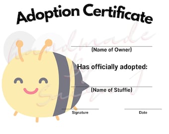 Chunky Bee Printable Stuffed Animal Adoption Certificate Downloadable Plushie Lovey Lovies Stuffie Plush Crochet Sewing Knitting Toy Gift