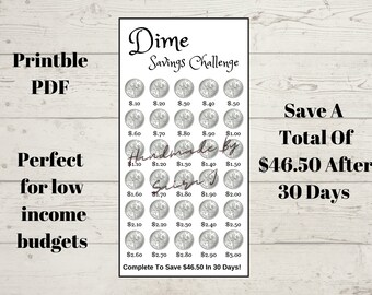 May include: A printable savings challenge chart with a dime design. The chart is designed to help you save a total of $46.50 after 30 days. The chart includes 30 spaces for dimes, with each space representing a day of the month. The chart is perfect for those who want to save money and track their progress.