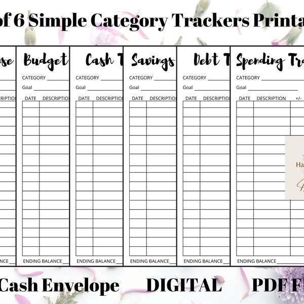 6 Set of Simple Category Cash Envelope Trackers