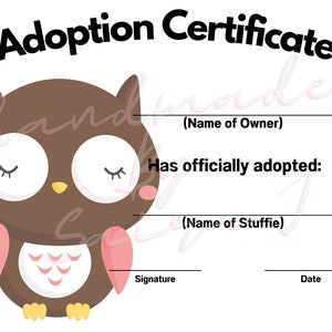 Búho imprimible relleno animal adopción certificado descargable Plushie Lovey Lovies Stuffie felpa crochet costura tejer juguete regalo