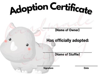 Rhino Printable Stofftier Adoption Zertifikat Herunterladbare Plushie Lovey Lovies Stuffie Plüsch häkeln Nähen Stricken Spielzeug Geschenk
