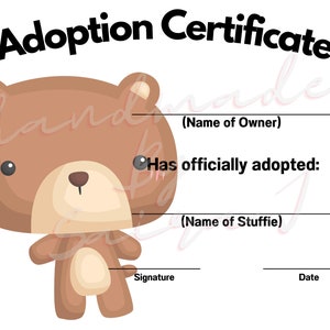 Certificat d'adoption d'animal en peluche à imprimer, peluche téléchargeable, peluche Lovey Lovies, peluche au Crochet, jouet en papier à tricoter