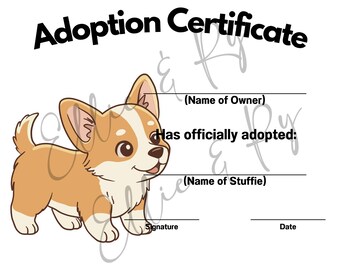 Corgis Welpe Hund Stofftier Adoptionsurkunde zum Ausdrucken (PDF)