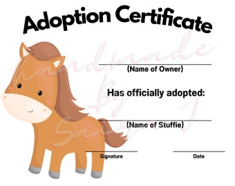 Horse Printable Stuffed Animal Adoption Certificate Downloadable Plushie Lovey Lovies Stuffie Plush Crochet Sewing Knitting Toy Gift