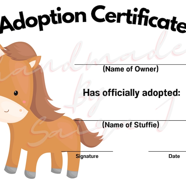 Horse Printable Stuffed Animal Adoption Certificate Downloadable Plushie Lovey Lovies Stuffie Plush Crochet Sewing Knitting Toy Gift