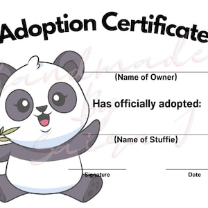 Panda Bear Certificat d’adoption d’animal en peluche imprimable Téléchargeable Plushie Lovey Lovies Stuffie Peluche Crochet Couture Tricot Jouet Cadeau