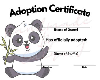 Panda Bear Printable Stuffed Animal Adoption Certificate Downloadable Plushie Lovey Lovies Stuffie Plush Crochet Sewing Knitting Toy Gift