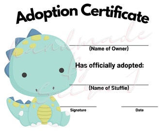 Blue Dinosaur Printable Stuffed Animal Adoption Certificate Downloadable Plushie Lovey Lovies Stuffie Plush Crochet Sewing Knitting Toy