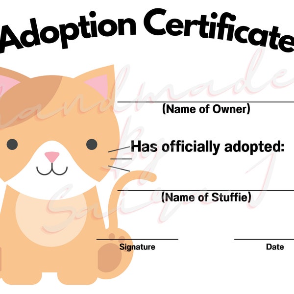 Kitty Cat Printable Stuffed Animal Adoption Certificate Downloadable Plushie Lovey Lovies Stuffie Plush Crochet Sewing Knitting Toy Gift