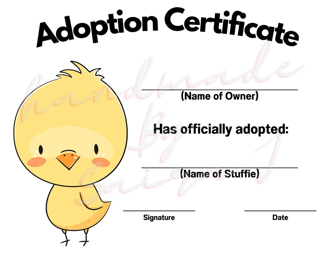 Chick Printable Stuffed Animal Adoption Certificate Downloadable ...