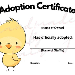 Chick imprimible relleno animal adopción certificado descargable Plushie Lovey Lovies Stuffie felpa crochet costura tejer juguete regalo