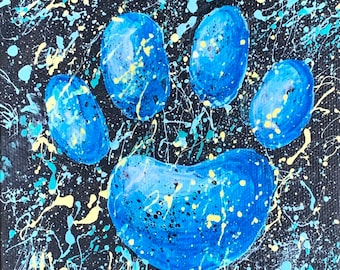 Paw Print with Paint Splatters - Peinture acrylique originale sur toile tendue. 5 x 5 pouces.