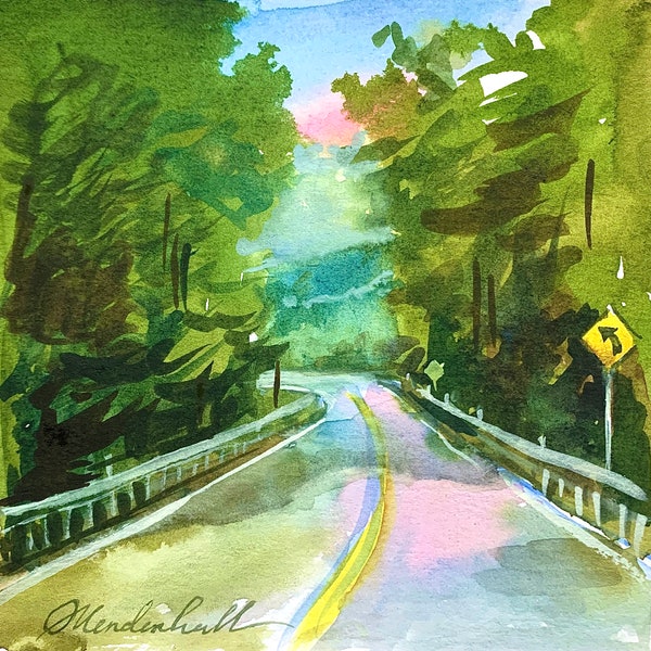 Pink sunset on a country road. Western PA. Original Watercolor painting - Mini Series - 5.75x5.75 inches.