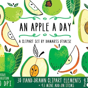 aquarela Uma Maçã por Dia - Clipart Digital, Clip art. 30 imagens de frutas saudáveis, 300 dpi. arquivos png. Download instantâneo.