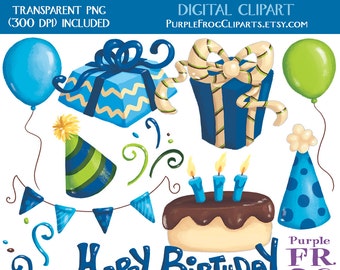 watercolor BIRTHDAY BOY - Digital Clipart, Clip art. 11 images, 300 dpi. jpeg, png files. Instant download. Printable illustrations.