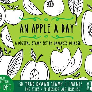 Une Pomme par jour - Timbres numériques, brosses Photoshop. 30 images de fruits sains, 300 dpi. fichiers png. Téléchargement instantané.
