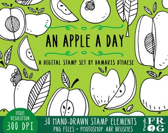 An Apple a Day - Digital Stamps, Photoshop Brushes. 30 healthy fruit images, 300 dpi. png files. Instant download.