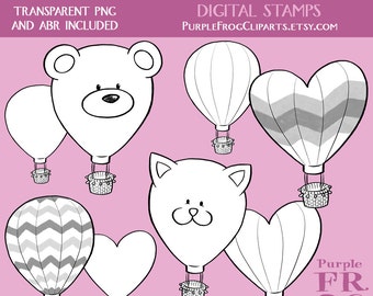 HOT AIR BALLOONS - Digital Stamp Set, Brushes. 8 images, 300 dpi. jpeg, png, abr files. Instant download.