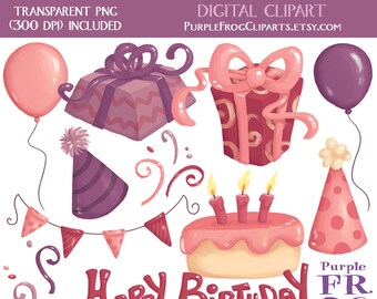 watercolor BIRTHDAY GIRL - Digital Clipart, Clip art. 11 images, 300 dpi. jpeg, png files. Instant download. Printable illustrations.