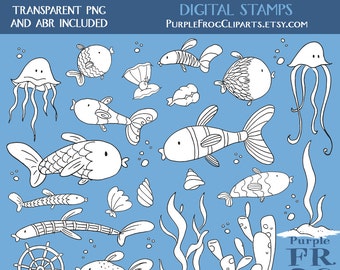 CORAL FISH - Digital Stamp Set, Brushes. 23 hand drawn images, 300 dpi. png, abr files. Instant download.