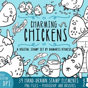 Charming Chickens - Digital Stamps, Photoshop Brushes. 39 quirky hand-drawn images, 300 dpi. png files. Instant download.