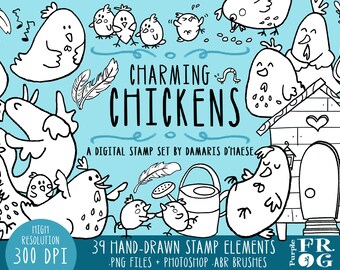 Charming Chickens - Digital Stamps, Photoshop Brushes. 39 quirky hand-drawn images, 300 dpi. png files. Instant download.