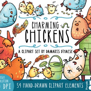 watercolor Charming Chickens - Digital Clipart, Clip art. 54 hand-drawn illustrations, 300 dpi. png files. Instant download.