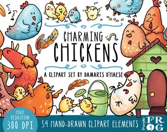 watercolor Charming Chickens - Digital Clipart, Clip art. 54 hand-drawn illustrations, 300 dpi. png files. Instant download.