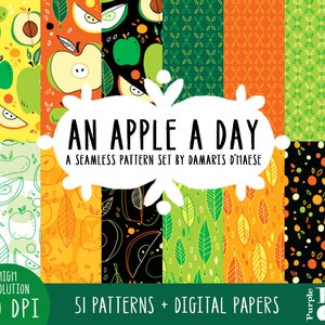 Uma maçã por dia - padrões repetíveis sem costura, papéis digitais. 51 designs de frutas saudáveis, 300 dpi. png, pat, arquivos jpeg. Download instantâneo.