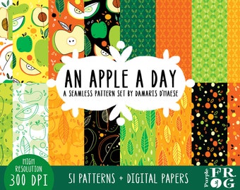 An Apple a Day - Seamless Repeatable Patterns, Digital Papers. 51 healthy fruit designs, 300 dpi. png, pat, jpeg files. Instant download.