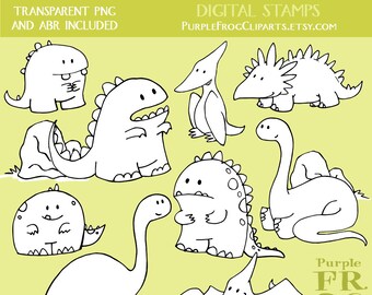 FRIENDLY DINOS - Digital Stamp Set, Brushes. 11 images, 300 dpi. jpeg, png, abr files. Instant download.