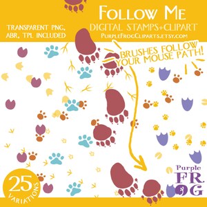 May include: A set of 25 digital stamps and clipart featuring paw prints in various colors and styles. The image includes a yellow arrow pointing to the right and the text "Brushes Follow Your Mouse Path!" in a white box with a red outline. The text "Purple Frog" is also included in the image.