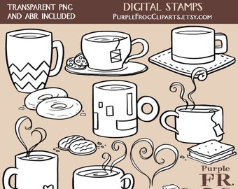 COFFEE AND TEA - Digital Stamp Set. 15 images, 300 dpi. jpeg, png, abr files. Instant download.