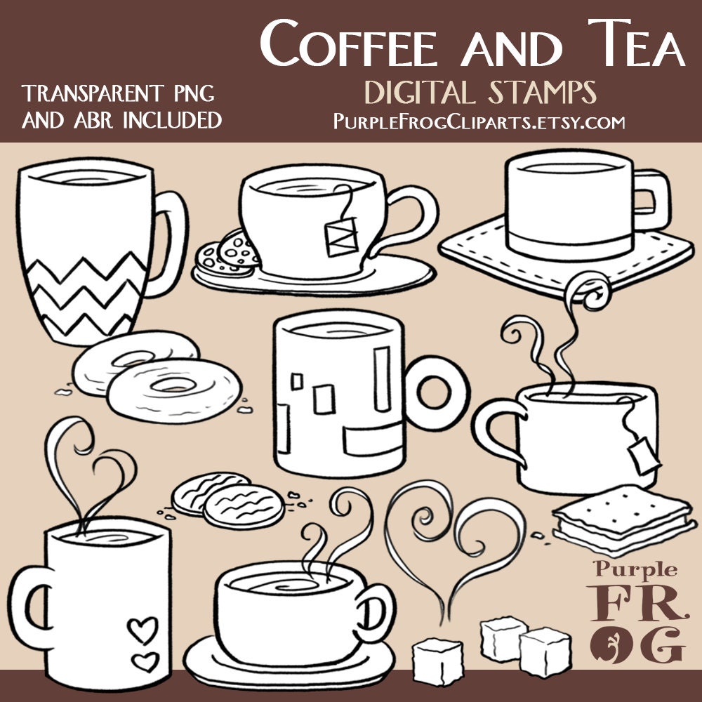 COFFEE AND TEA - Digital Stamp Set. 15 images, 300 dpi. jpeg, png, abr files. Instant download.