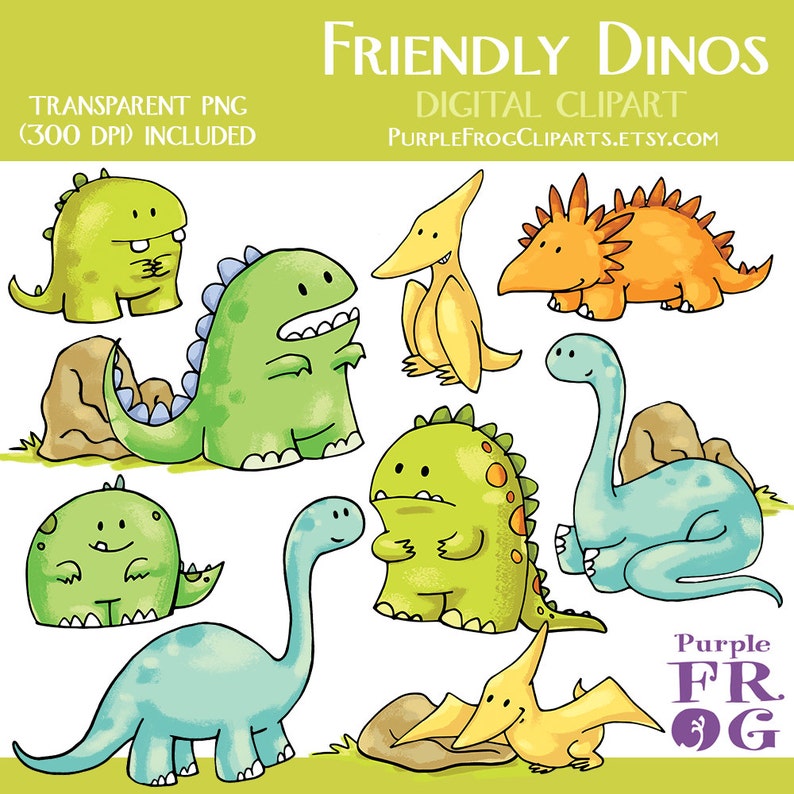 watercolor FRIENDLY DINOS Digital Clipart, Clip art. 11 images, 300 dpi. jpeg, png files. Instant download. Printable illustrations. image 1