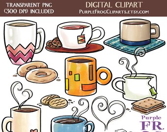 watercolor COFFEE AND TEA - Digital Clipart, Clip art. 15 images, 300 dpi. jpeg, png files. Instant download. Printable illustrations.