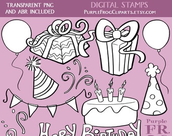BIRTHDAY - Digital Stamp Set, Brushes. 11 images, 300 dpi. jpeg, png, abr files. Instant download.